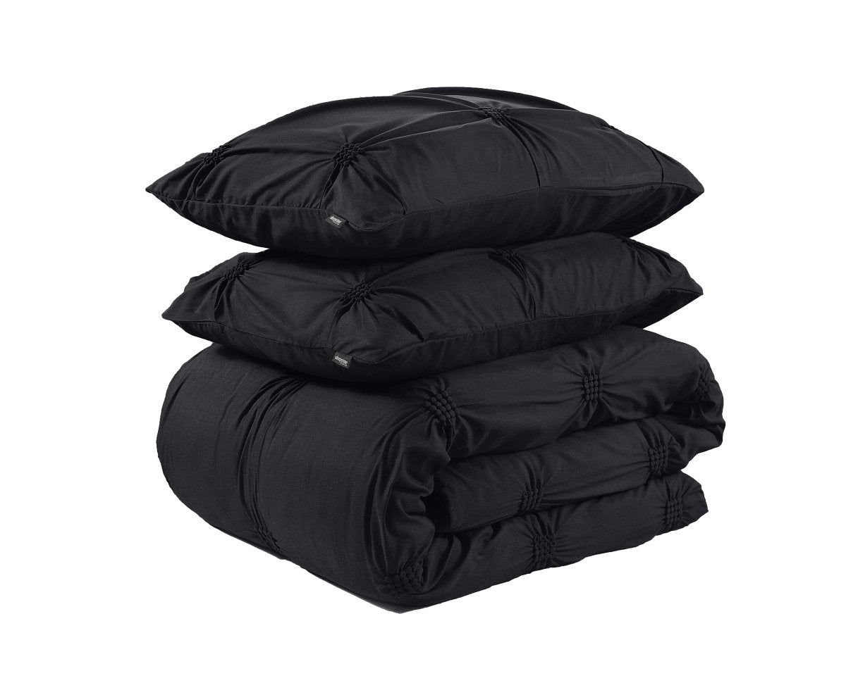 Super Soft Microfibre Duvet Cover Set Punch Pintuck | Black | Single - 140cm (W) x 220cm (L) - The Bedding & Blankets Store