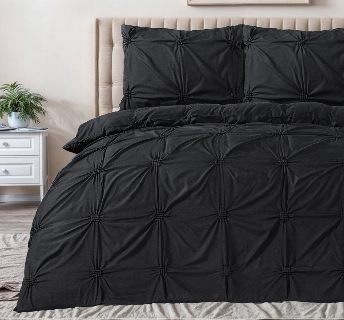 Super Soft Microfibre Duvet Cover Set Punch Pintuck | Black | Single - 140cm (W) x 220cm (L) - The Bedding & Blankets Store