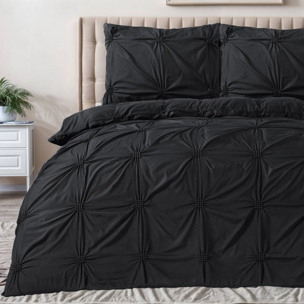 Super Soft Microfibre Duvet Cover Set Punch Pintuck | Black | Single - 140cm (W) x 220cm (L) - The Bedding & Blankets Store