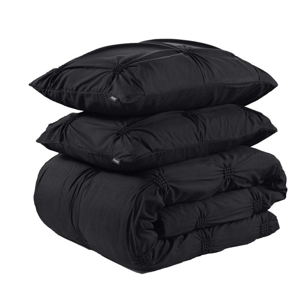 Super Soft Microfibre Duvet Cover Set Punch Pintuck | Black | Single - 140cm (W) x 220cm (L) - The Bedding & Blankets Store