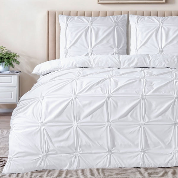 Super Soft Microfibre Duvet Cover Set Punch Pintuck | White | Single - 140cm (W) x 220cm (L) - The Bedding & Blankets Store