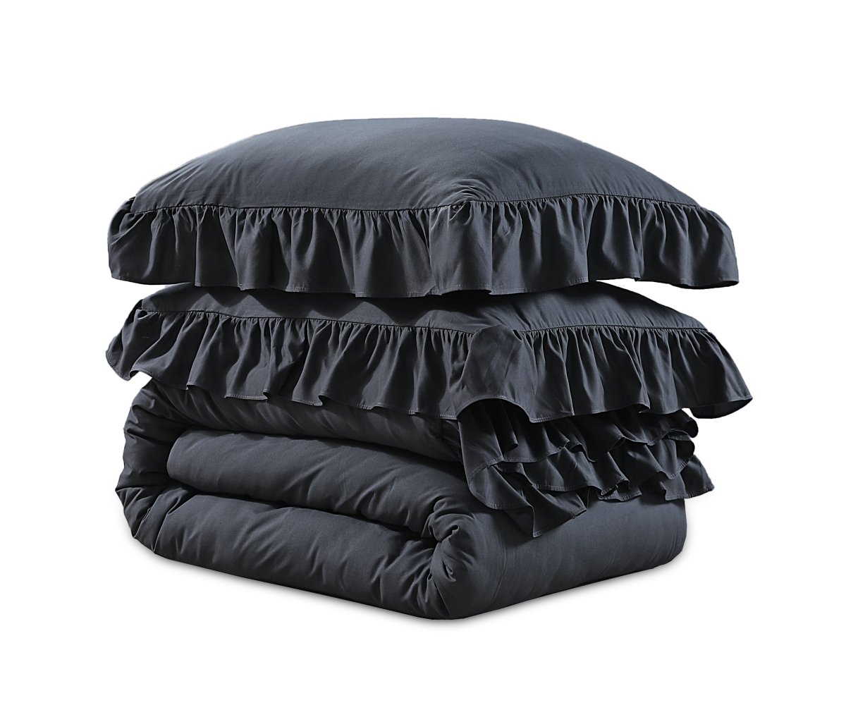 Super Soft Microfibre Duvet Cover Set Ruffles | Anthracite | Single - 140cm (W) x 220cm (L) - The Bedding & Blankets Store