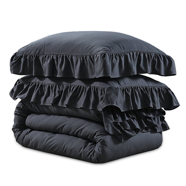 Super Soft Microfibre Duvet Cover Set Ruffles | Anthracite | Single - 140cm (W) x 220cm (L) - The Bedding & Blankets Store