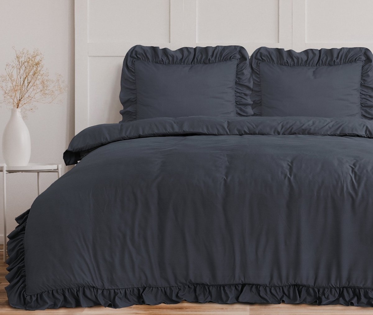 Super Soft Microfibre Duvet Cover Set Ruffles | Anthracite | Single - 140cm (W) x 220cm (L) - The Bedding & Blankets Store