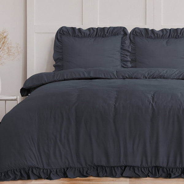 Super Soft Microfibre Duvet Cover Set Ruffles | Anthracite | Single - 140cm (W) x 220cm (L) - The Bedding & Blankets Store