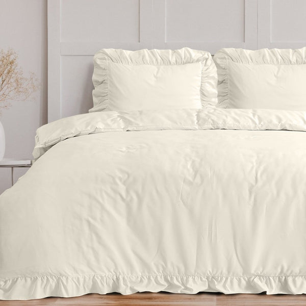 Super Soft Microfibre Duvet Cover Set Ruffles | Cream | Single - 140cm (W) x 220cm (L) - The Bedding & Blankets Store