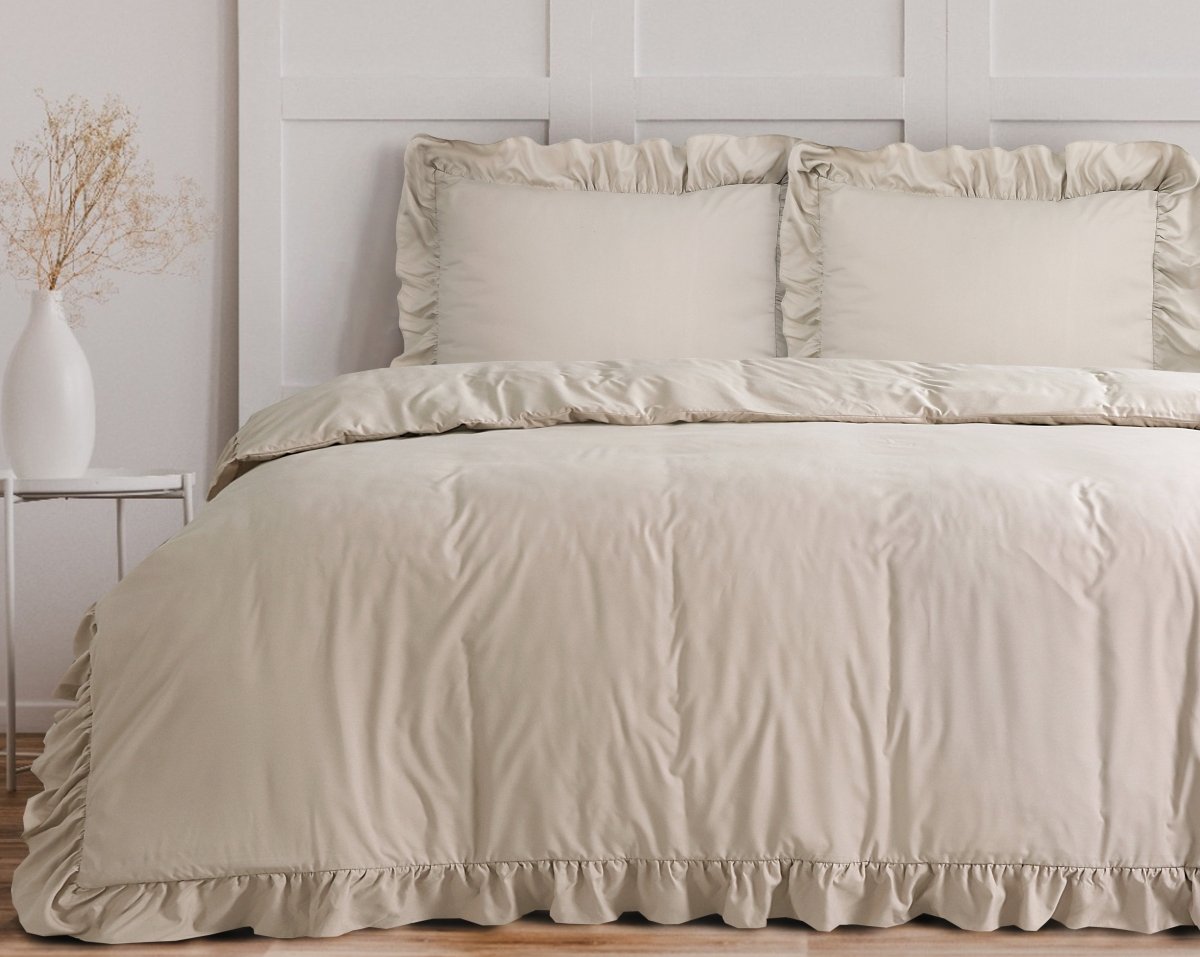 Super Soft Microfibre Duvet Cover Set Ruffles | Taupe | Single - 140cm (W) x 220cm (L) - The Bedding & Blankets Store