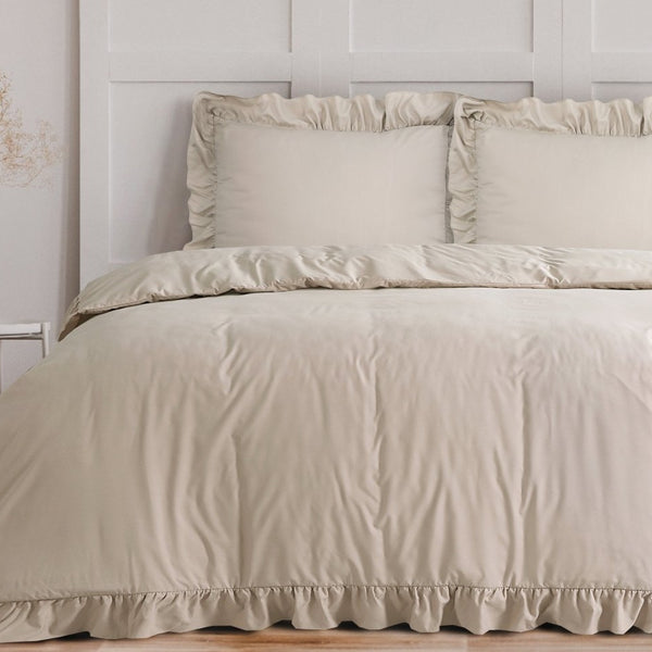 Super Soft Microfibre Duvet Cover Set Ruffles | Taupe | Single - 140cm (W) x 220cm (L) - The Bedding & Blankets Store