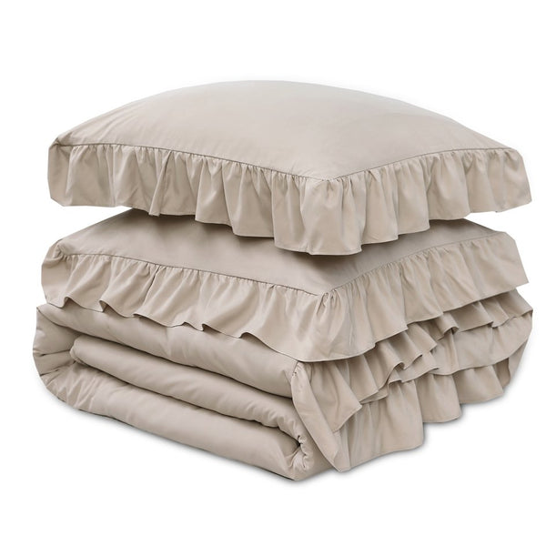 Super Soft Microfibre Duvet Cover Set Ruffles | Taupe | Single - 140cm (W) x 220cm (L) - The Bedding & Blankets Store