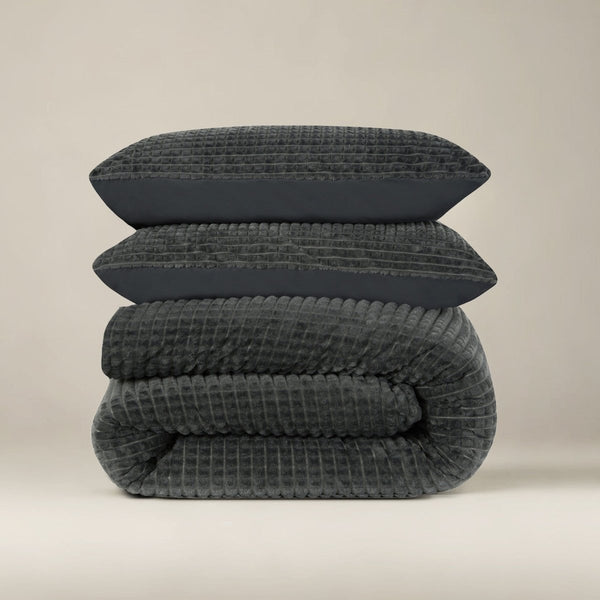 Teddy Fleece Duvet Cover Set Check | Anthracite | Single - 140cm (W) x 220cm (L) - The Bedding & Blankets Store
