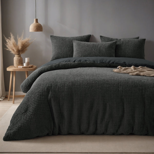 Teddy Fleece Duvet Cover Set Check | Anthracite | Single - 140cm (W) x 220cm (L) - The Bedding & Blankets Store
