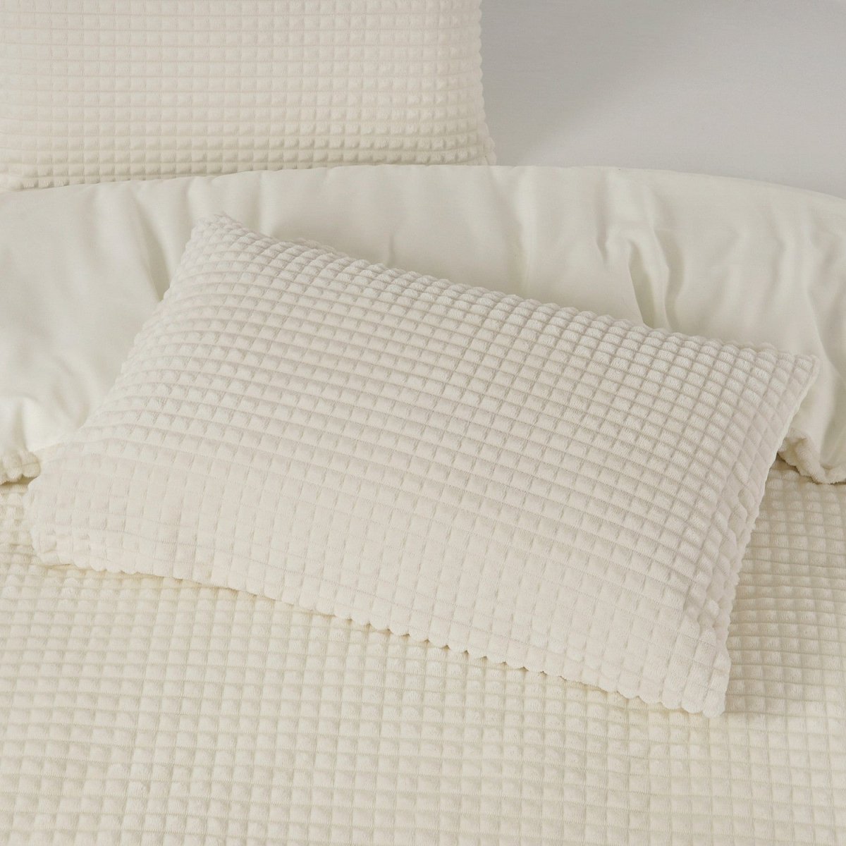 Teddy Fleece Duvet Cover Set Check | Beige | Single - 140cm (W) x 220cm (L) - The Bedding & Blankets Store