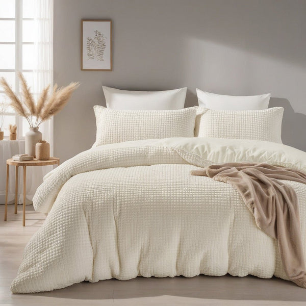 Teddy Fleece Duvet Cover Set Check | Beige | Single - 140cm (W) x 220cm (L) - The Bedding & Blankets Store