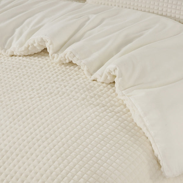 Teddy Fleece Duvet Cover Set Check | Beige | Single - 140cm (W) x 220cm (L) - The Bedding & Blankets Store