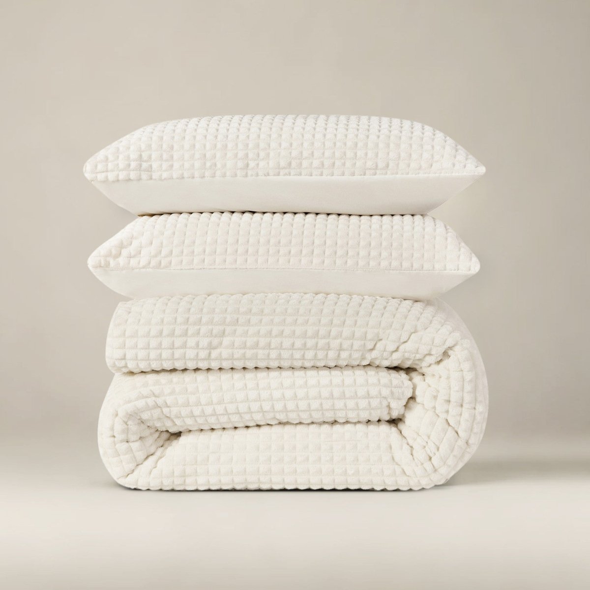 Teddy Fleece Duvet Cover Set Check | Beige | Single - 140cm (W) x 220cm (L) - The Bedding & Blankets Store