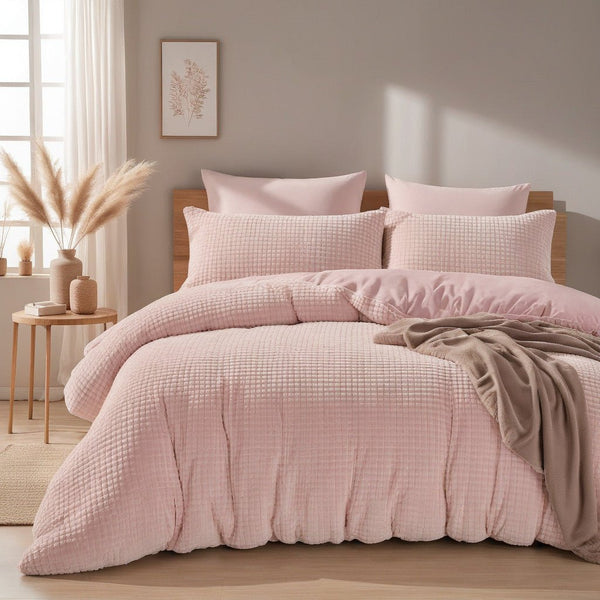Teddy Fleece Duvet Cover Set Check | Pink | Single - 140cm (W) x 220cm (L) - The Bedding & Blankets Store