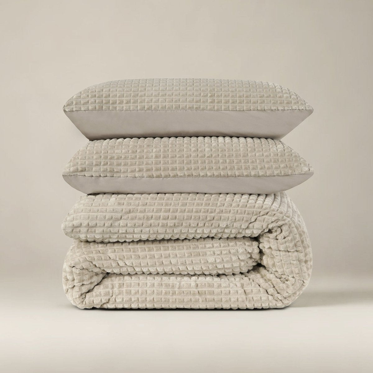 Teddy Fleece Duvet Cover Set Check | Taupe | Single - 140cm (W) x 220cm (L) - The Bedding & Blankets Store
