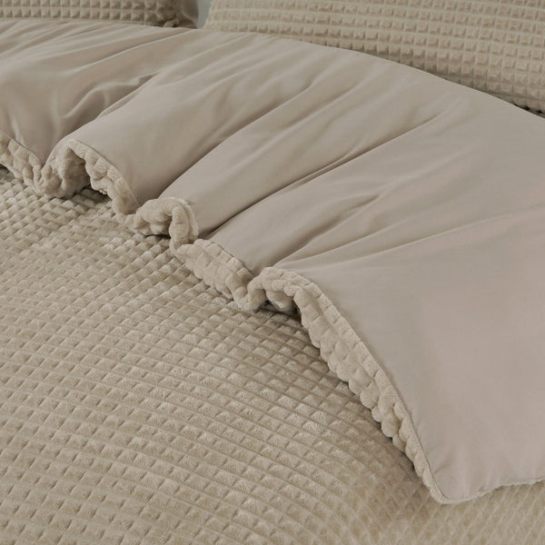 Teddy Fleece Duvet Cover Set Check | Taupe | Single - 140cm (W) x 220cm (L) - The Bedding & Blankets Store