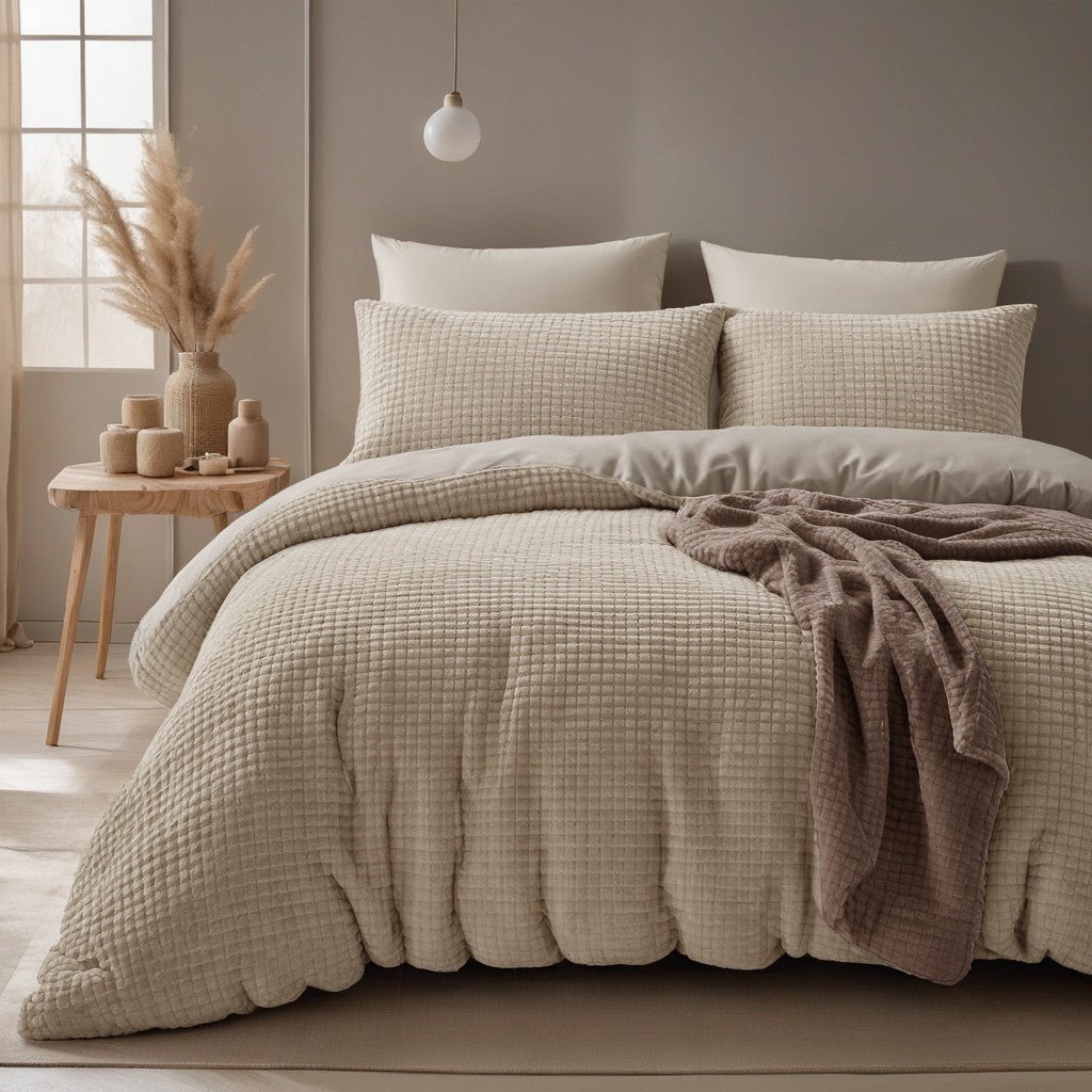 Teddy Fleece Duvet Cover Set Check | Taupe | Single - 140cm (W) x 220cm (L) - The Bedding & Blankets Store