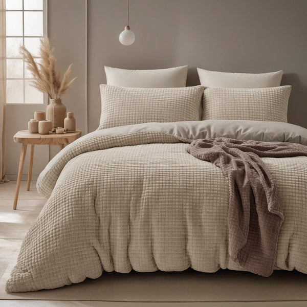 Teddy Fleece Duvet Cover Set Check | Taupe | Single - 140cm (W) x 220cm (L) - The Bedding & Blankets Store