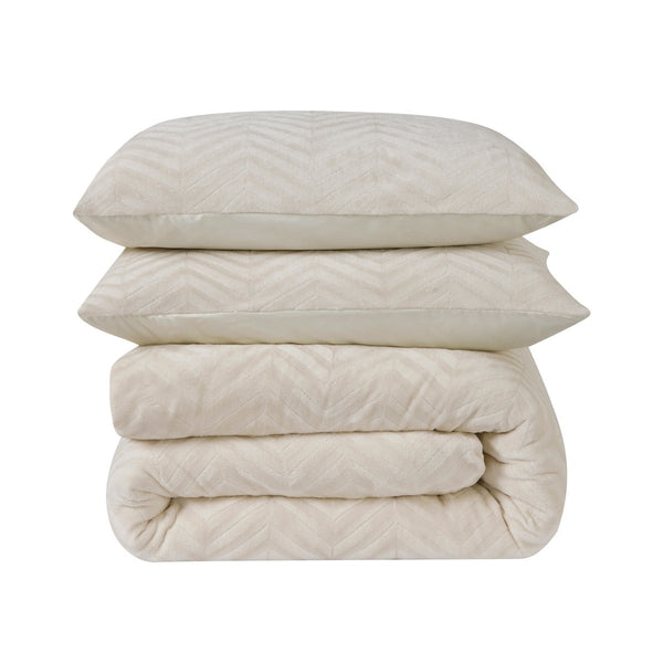 Teddy Fleece Duvet Cover Set Chevron | Cream | Single - 140cm (W) x 220cm (L) - The Bedding & Blankets Store