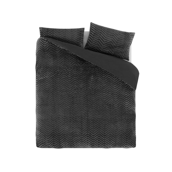 Teddy Fleece Duvet Cover Set Chevron | Grey Anthracite | Single - 140cm (W) x 220cm (L) - The Bedding & Blankets Store
