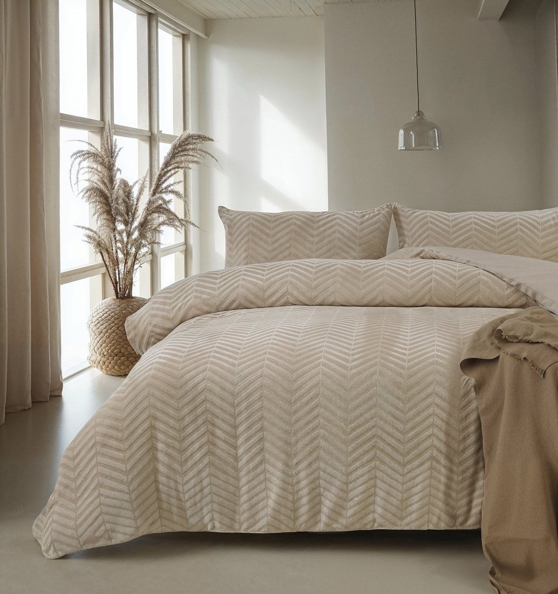 Teddy Fleece Duvet Cover Set Chevron | Taupe | Single - 140cm (W) x 220cm (L) - The Bedding & Blankets Store