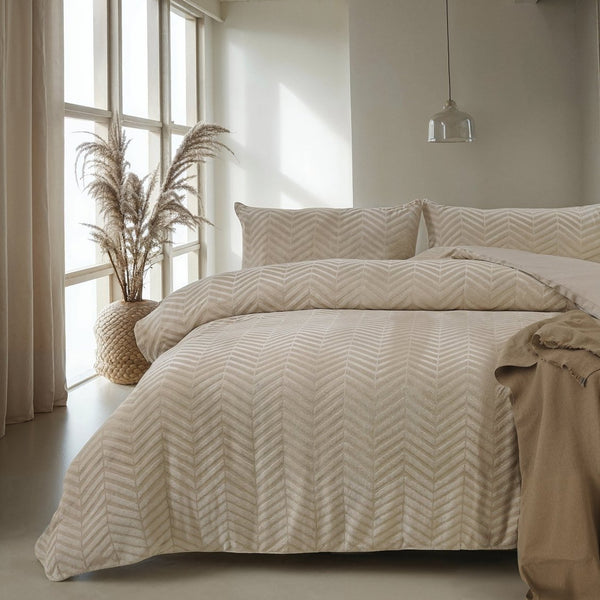 Teddy Fleece Duvet Cover Set Chevron | Taupe | Single - 140cm (W) x 220cm (L) - The Bedding & Blankets Store