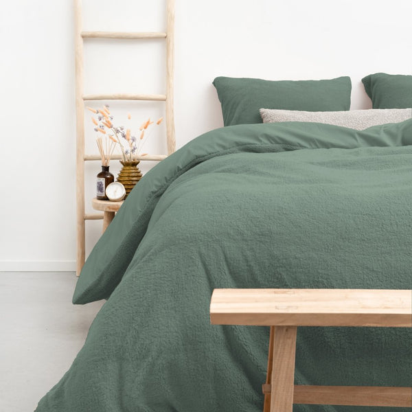 Teddy Fleece Duvet Cover Set | Dark Green | Single - 140cm (W) x 220cm (L) - The Bedding & Blankets Store