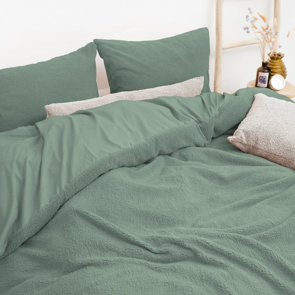 Teddy Fleece Duvet Cover Set | Dark Green | Single - 140cm (W) x 220cm (L) - The Bedding & Blankets Store