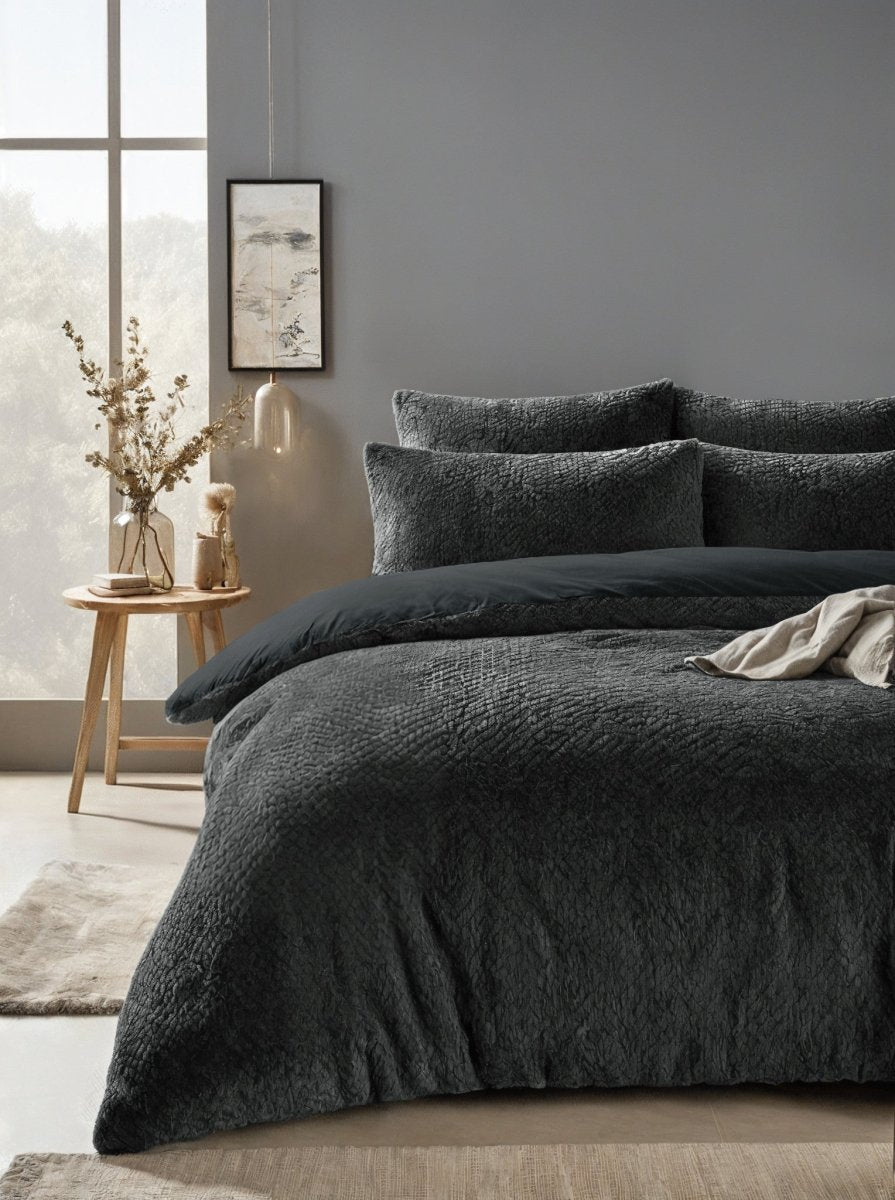 Teddy Fleece Duvet Cover Set Fur | Anthracite | Single - 140cm (W) x 220cm (L) - The Bedding & Blankets Store