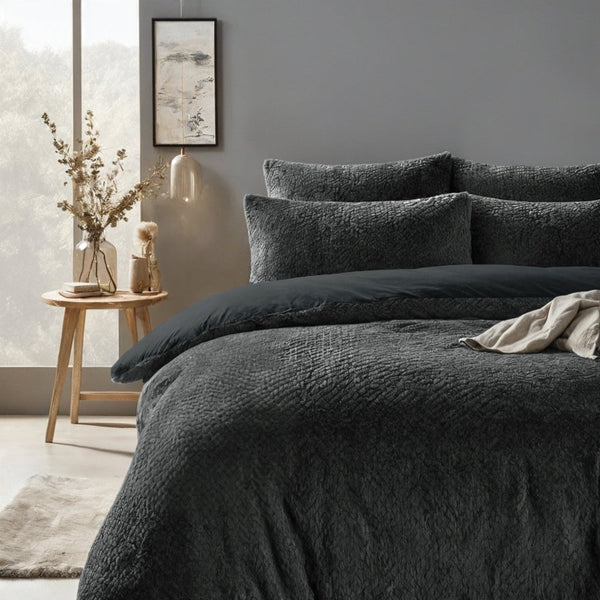 Teddy Fleece Duvet Cover Set Fur | Anthracite | Single - 140cm (W) x 220cm (L) - The Bedding & Blankets Store