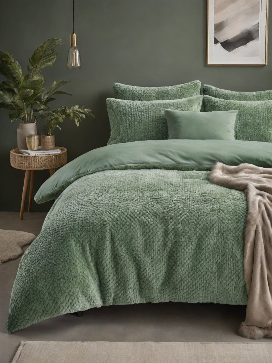Teddy Fleece Duvet Cover Set Fur | Green | Single - 140cm (W) x 220cm (L) - The Bedding & Blankets Store