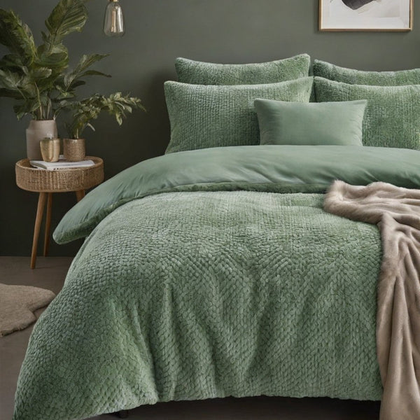 Teddy Fleece Duvet Cover Set Fur | Green | Single - 140cm (W) x 220cm (L) - The Bedding & Blankets Store