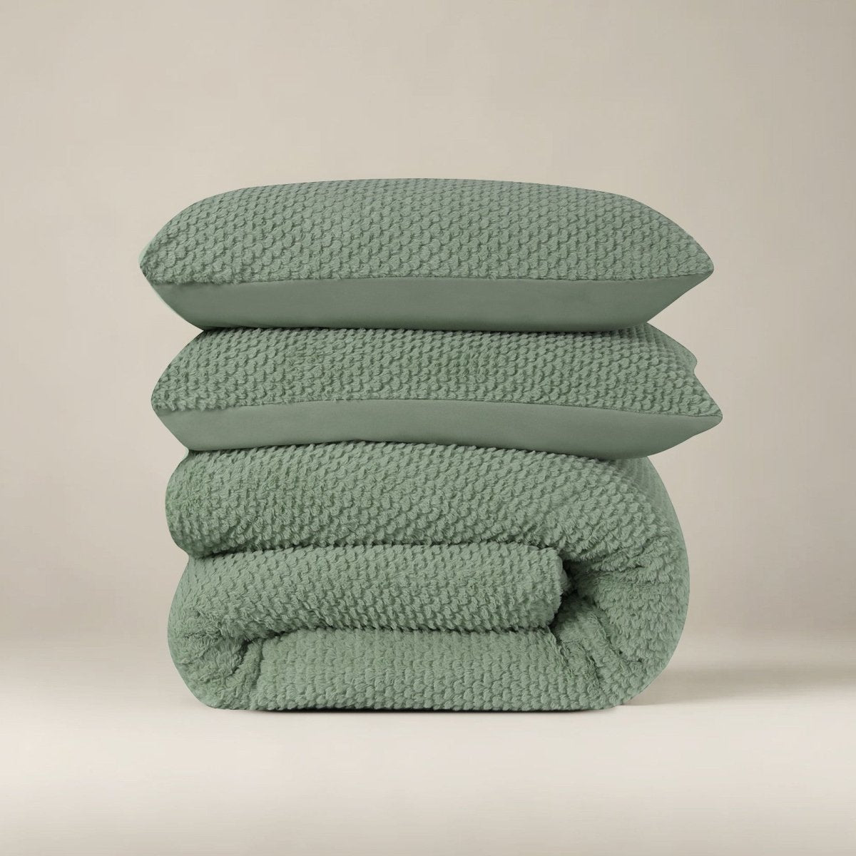 Teddy Fleece Duvet Cover Set Fur | Green | Single - 140cm (W) x 220cm (L) - The Bedding & Blankets Store