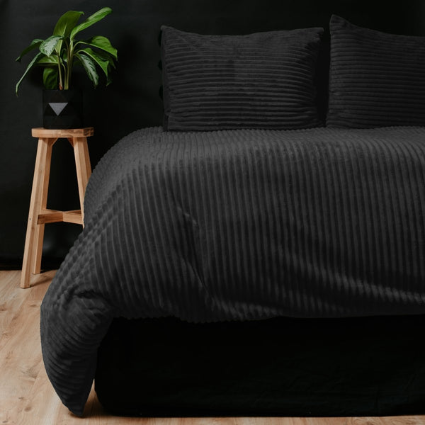 Teddy Fleece Duvet Cover Set Rib Teddy | Black | Single - 140cm (W) x 220cm (L) - The Bedding & Blankets Store