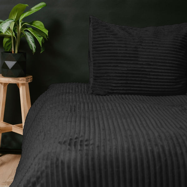 Teddy Fleece Duvet Cover Set Rib Teddy | Black | Single - 140cm (W) x 220cm (L) - The Bedding & Blankets Store
