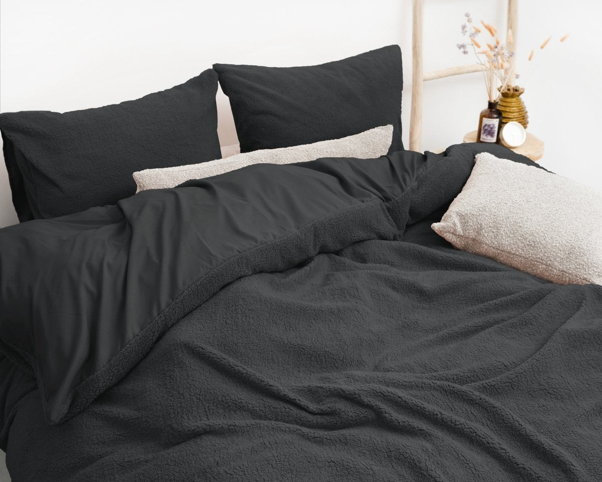 Teddy Fleece Duvet Cover Set Teddy | Grey Anthracite | Single - 140cm (W) x 220cm (L) - The Bedding & Blankets Store