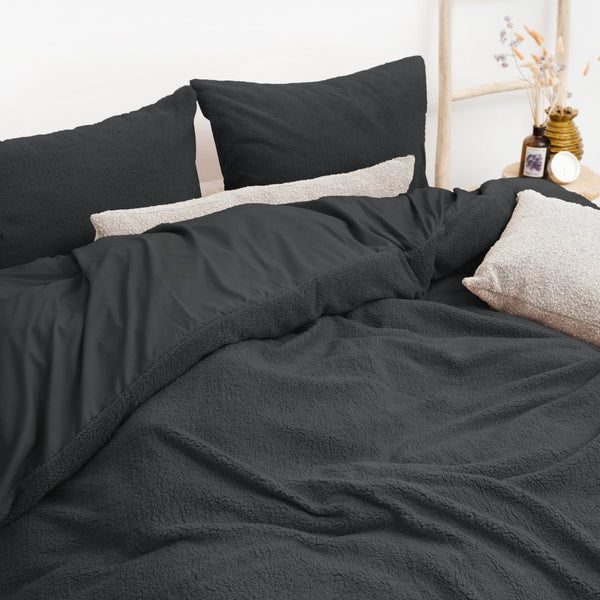 Teddy Fleece Duvet Cover Set Teddy | Grey Anthracite | Single - 140cm (W) x 220cm (L) - The Bedding & Blankets Store