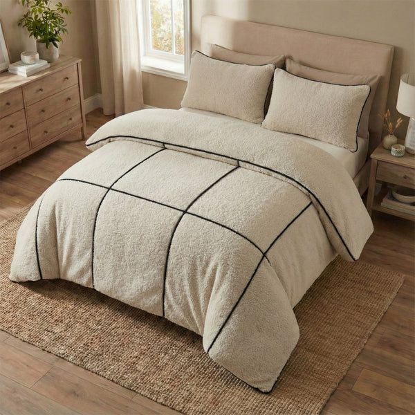 Teddy Fleece Duvet Cover Set Teddy Trim | Beige | King Long - 240cm (W) x 220cm (L) - The Bedding & Blankets Store