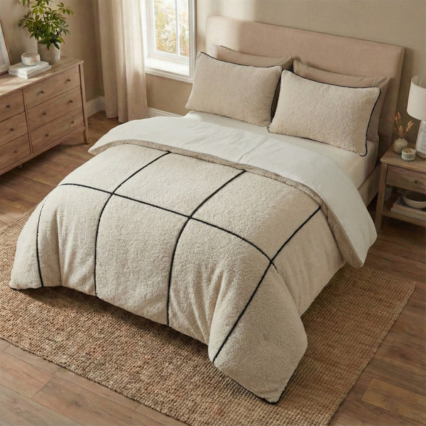 Teddy Fleece Duvet Cover Set Teddy Trim | Beige | King Long - 240cm (W) x 220cm (L) - The Bedding & Blankets Store