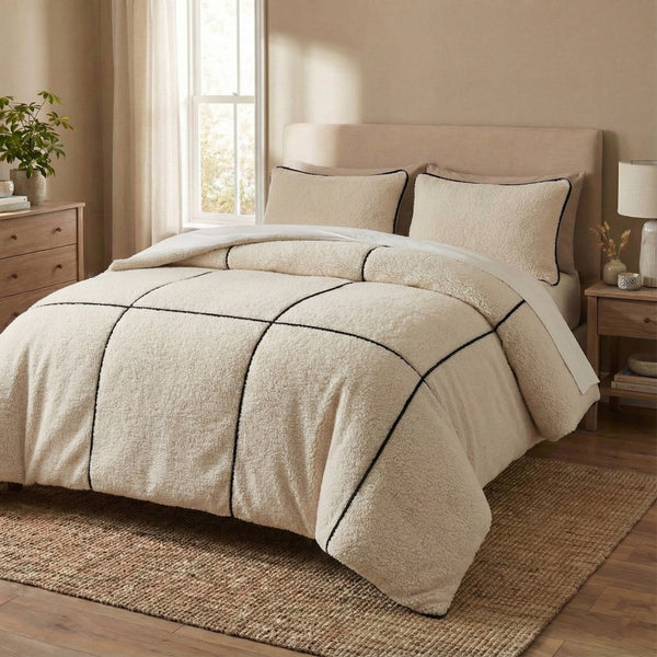 Teddy Fleece Duvet Cover Set Teddy Trim | Beige | King Long - 240cm (W) x 220cm (L) - The Bedding & Blankets Store
