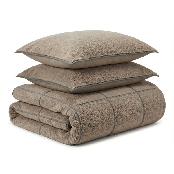 Teddy Fleece Duvet Cover Set Teddy Trim | Dark Taupe | King Long - 240cm (W) x 220cm (L) - The Bedding & Blankets Store