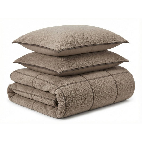 Teddy Fleece Duvet Cover Set Teddy Trim | Taupe | King Long - 240cm (W) x 220cm (L) - The Bedding & Blankets Store