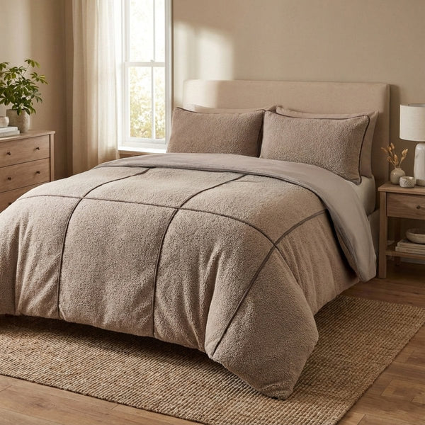 Teddy Fleece Duvet Cover Set Teddy Trim | Taupe | King Long - 240cm (W) x 220cm (L) - The Bedding & Blankets Store