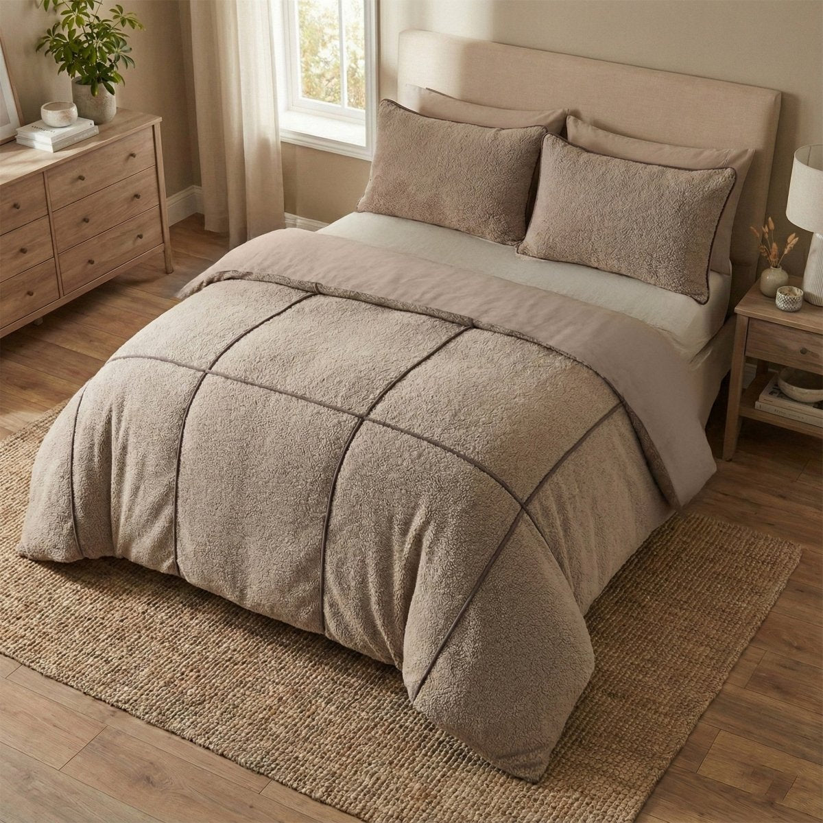 Teddy Fleece Duvet Cover Set Teddy Trim | Taupe | King Long - 240cm (W) x 220cm (L) - The Bedding & Blankets Store