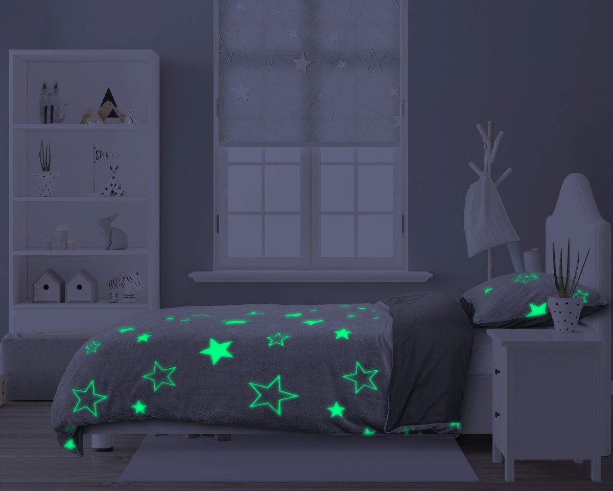 Teddy Microfleece Duvet Cover Set Glow in the Dark Stars | Grey | Single - 135cm (W) x 200cm (L) - The Bedding & Blankets Store