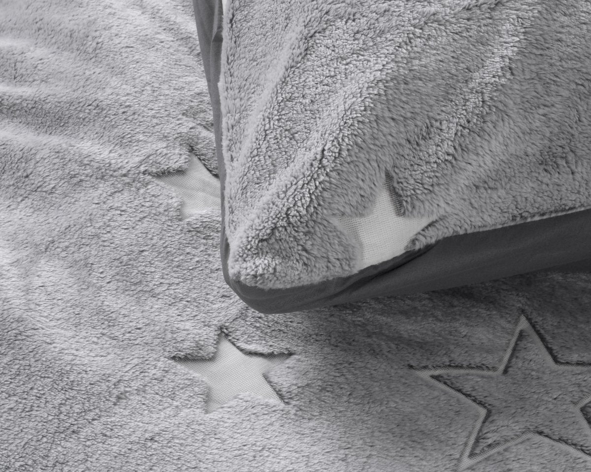 Teddy Microfleece Duvet Cover Set Glow in the Dark Stars | Grey | Single - 135cm (W) x 200cm (L) - The Bedding & Blankets Store
