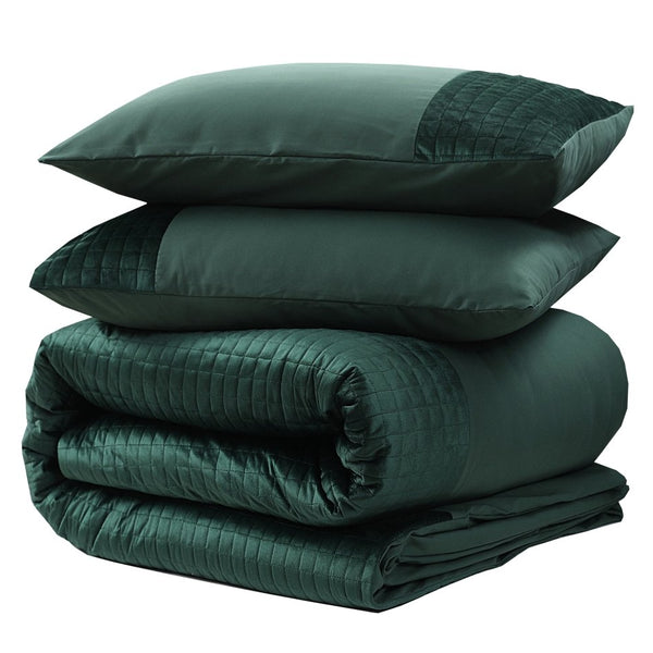 Velvet Duvet Cover Set Band | Green | Single - 140cm (W) x 220cm (L) - The Bedding & Blankets Store