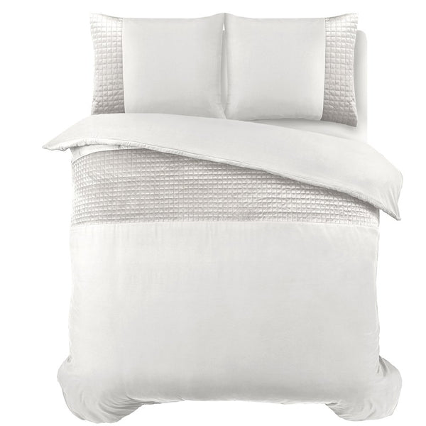 Velvet Duvet Cover Set Band | White | Single - 140cm (W) x 220cm (L) - The Bedding & Blankets Store